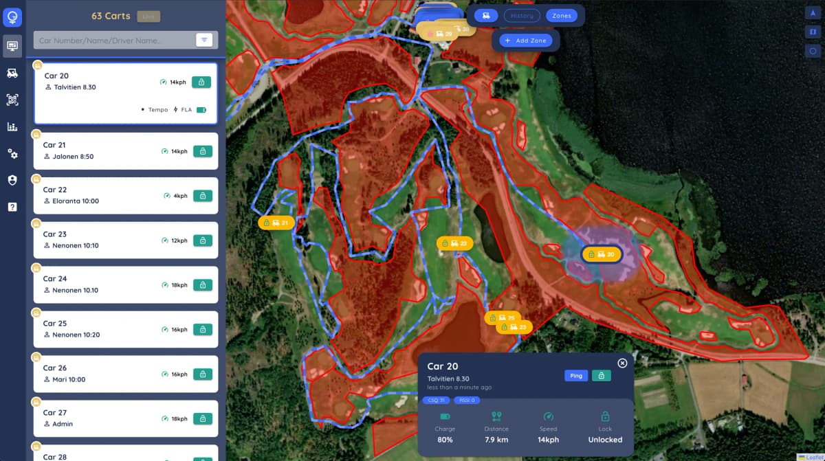 IOTee dashboard — realtidsöversikt av golfbilsflottan med live-positioner
